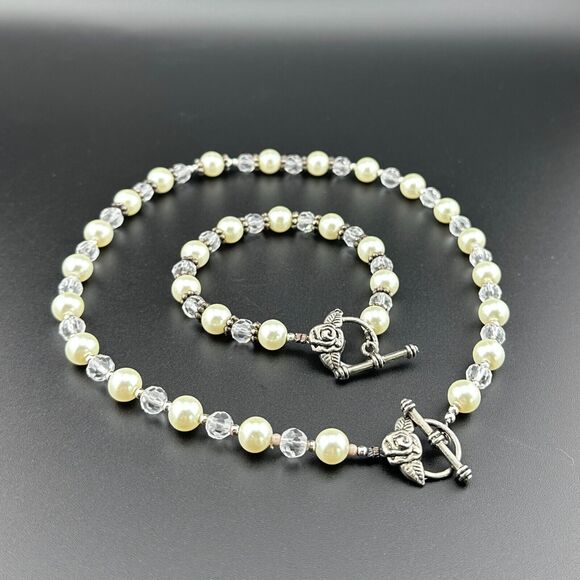 Set Faux Pearl Crystal Silver-tone Rose Toggle Necklace 16" Bracelet 7.5" - Picture 6 of 11